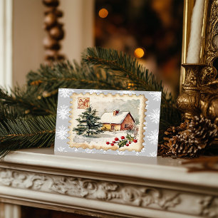 Vintage Christmas Cottage Postage Stamp Holiday Postcard
