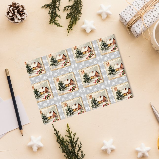 Vintage Christmas Cottage Postage Stamp  Tissue Paper (Creator Uploaded)