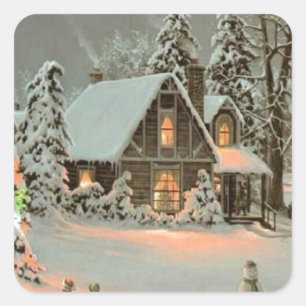 Vintage Christmas Cottage Square Sticker