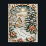 Vintage Christmas Cottage with Poinsettia Flowers  Holiday Postcard<br><div class="desc">Abstract Christmas illustration</div>