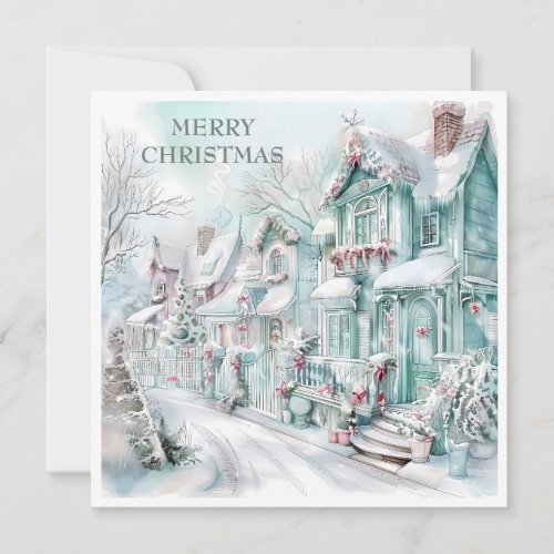 Vintage Christmas Cottages Snow Teal Pink White Holiday Card