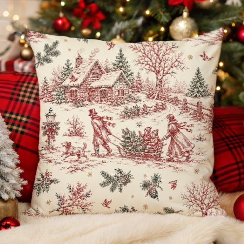 Vintage Christmas Countryside Toile Pattern Throw Pillow