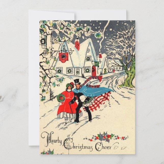Vintage Christmas Couple At Cottage Holiday Card (Front)