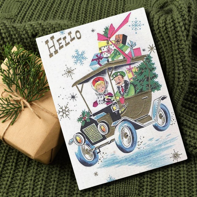Vintage Christmas Couple Driving With Gifts Holiday Card (Creator Uploaded)