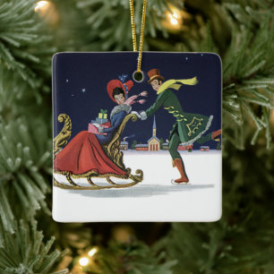 Vintage Christmas, Couple in Love Ice Skating Ceramic Ornament