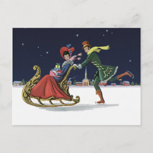 Vintage Christmas, Couple in Love Ice Skating Holiday Postcard