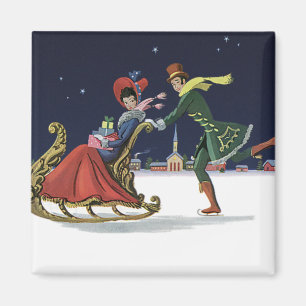 Vintage Christmas, Couple in Love Ice Skating Magnet