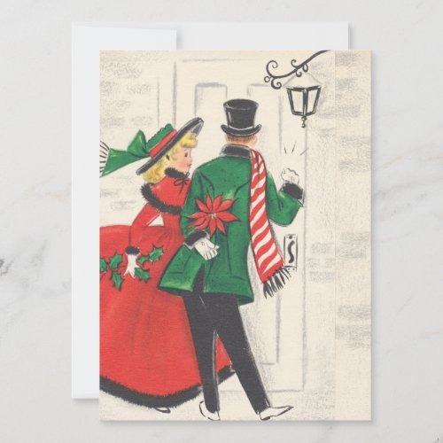 Vintage Christmas Couple knocks On Door Holiday Card