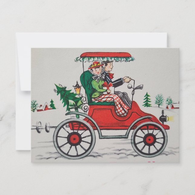 Vintage Christmas Couple Out On Drive Holiday Card (Front)