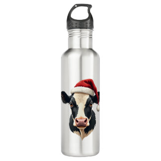 Vintage Christmas Cow Head with Santa Hat Farm Ani Stainless Steel Water Bottle