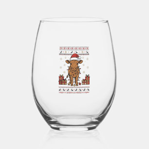 Vintage Christmas Cow Holiday Vector Shirt Design_ Stemless Wine Glass