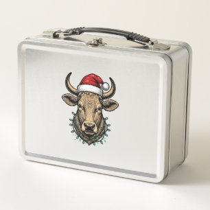 Vintage Christmas Cow Santa Hat Holiday Shirt_1 Metal Lunch Box