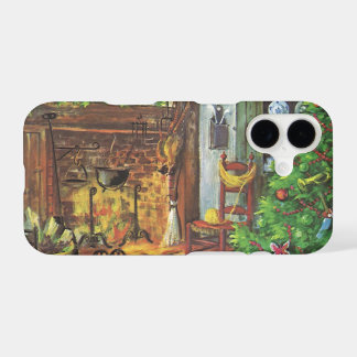 Vintage Christmas, Cozy Log Cabin with Fireplace iPhone 17 Case