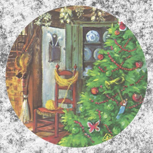 Vintage Christmas Cozy Log Cabin with Fireplace Classic Round Sticker