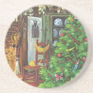 Vintage Christmas, Cozy Log Cabin with Fireplace Drink Coaster