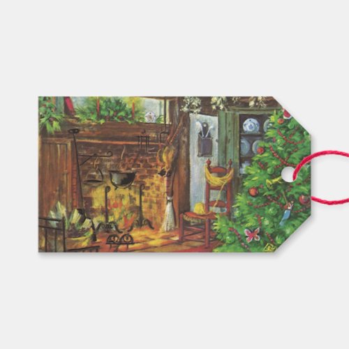 Vintage Christmas Cozy Log Cabin with Fireplace Gift Tags