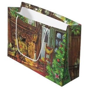 Vintage Christmas, Cozy Log Cabin with Fireplace Large Gift Bag
