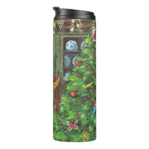 Vintage Christmas, Cozy Log Cabin with Fireplace Thermal Tumbler