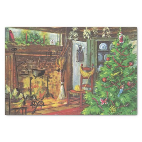 Vintage Christmas Cozy Log Cabin with Fireplace Tissue Paper