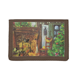 Vintage Christmas, Cozy Log Cabin with Fireplace Tri-fold Wallet