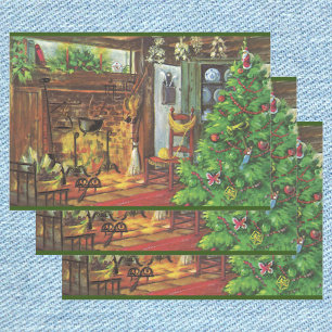 Vintage Christmas, Cozy Log Cabin with Fireplace Wrapping Paper Sheets