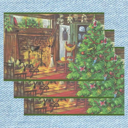 Vintage Christmas Cozy Log Cabin with Fireplace Wrapping Paper Sheets