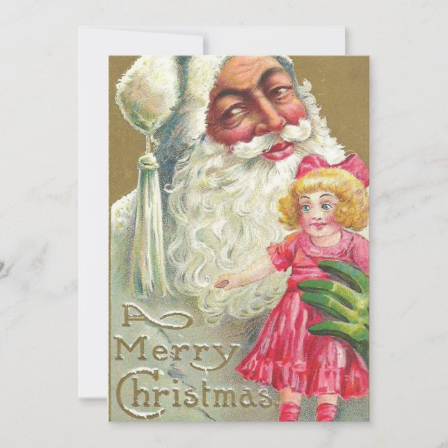 Vintage Christmas Creepy Santa Holding Doll Holiday Card (Front)