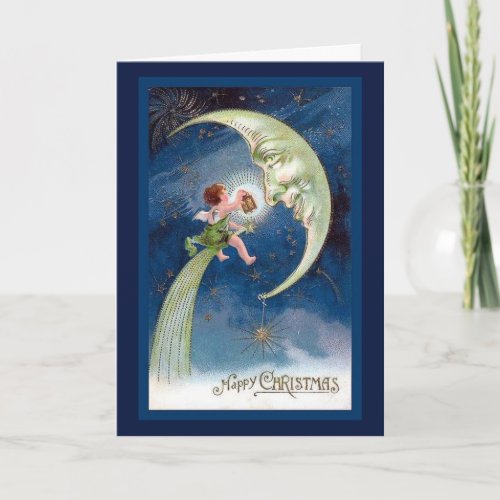 Vintage Christmas Crescent Moon wcherub Holiday Card