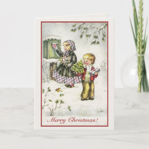 Vintage Christmas cute boy and girl Holiday Card