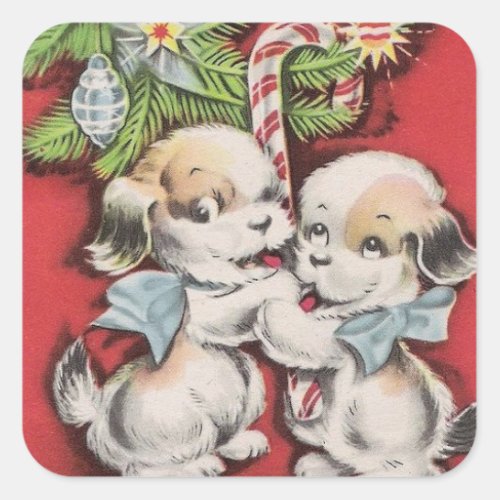 Vintage Christmas Cute dogs with Candy Cane Square Sticker