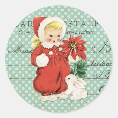 Vintage Christmas Cute Girl Poinsettia Mint Dots Classic Round Sticker