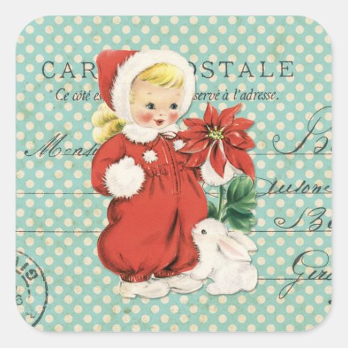 Vintage Christmas Cute Girl Poinsettia Mint Dots Square Sticker