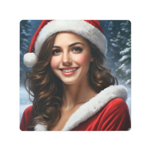 Vintage Christmas Cute Happy Girl Santa Claus Metal Print