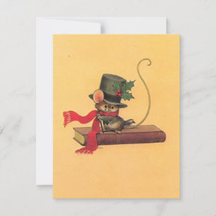 Vintage Christmas Cute Mouse On Book Holiday Card