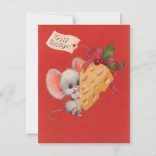 Vintage Christmas Cute Mouse With Cheese Holiday Card