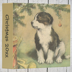 Vintage Christmas, Cute Puppy Under Christmas Tree 3 Ring Binder