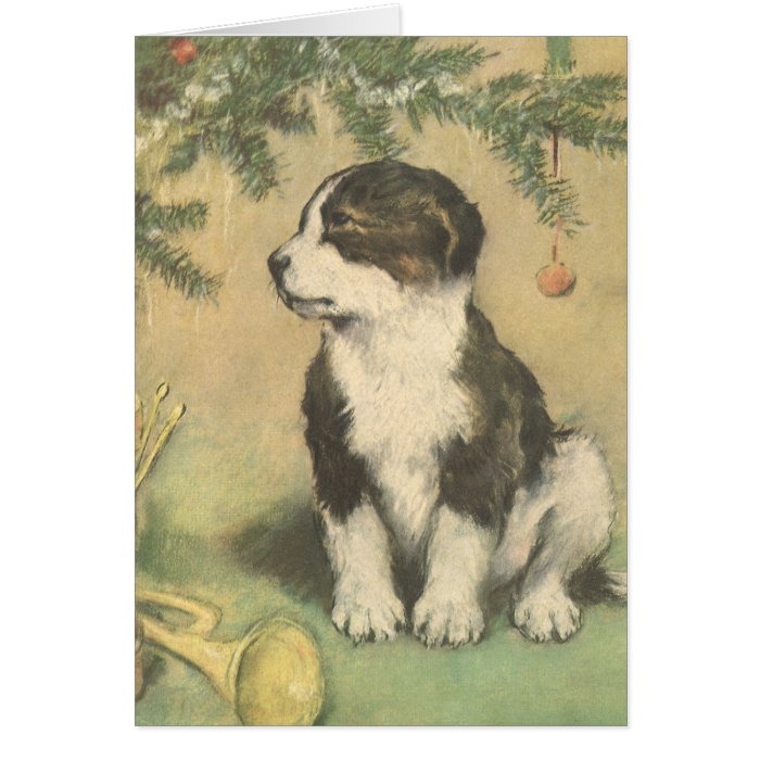 Vintage Christmas, Cute Puppy Under Christmas Tree Card