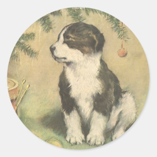 Vintage Christmas Cute Puppy Under Christmas Tree Classic Round Sticker