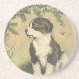 Vintage Christmas, Cute Puppy Under Christmas Tree Coaster