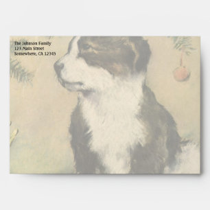Vintage Christmas, Cute Puppy Under Christmas Tree Envelope