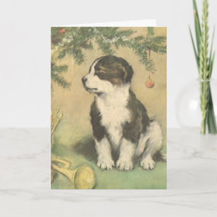 Vintage Christmas, Cute Puppy Under Christmas Tree Holiday Card