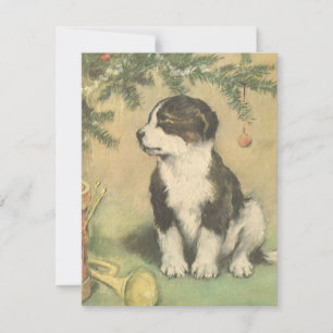 Vintage Christmas, Cute Puppy Under Christmas Tree Holiday Card