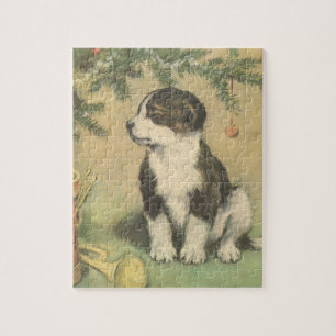 Vintage Christmas, Cute Puppy Under Christmas Tree Jigsaw Puzzle