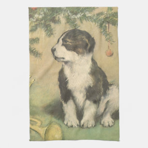 Vintage Christmas, Cute Puppy Under Christmas Tree Kitchen Towel
