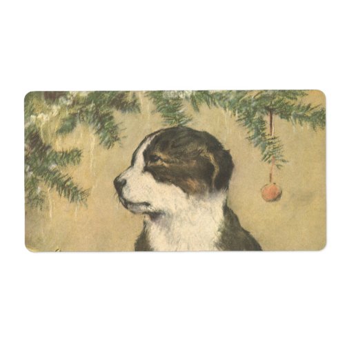 Vintage Christmas Cute Puppy Under Christmas Tree Label