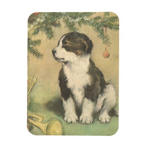 Vintage Christmas Cute Puppy Under Christmas Tree Magnet