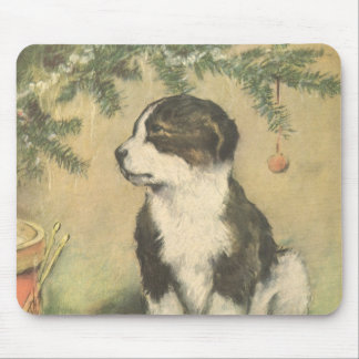 Vintage Christmas, Cute Puppy Under Christmas Tree Mouse Pad