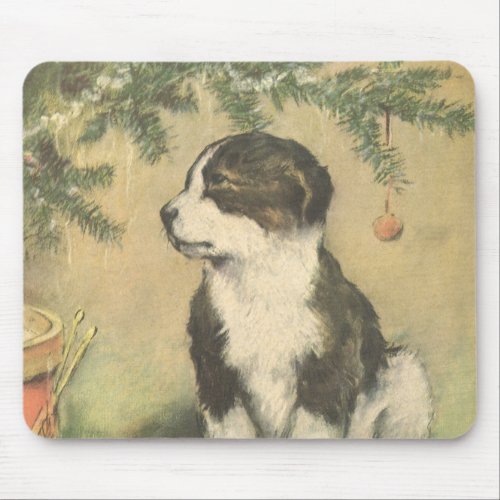 Vintage Christmas Cute Puppy Under Christmas Tree Mouse Pad