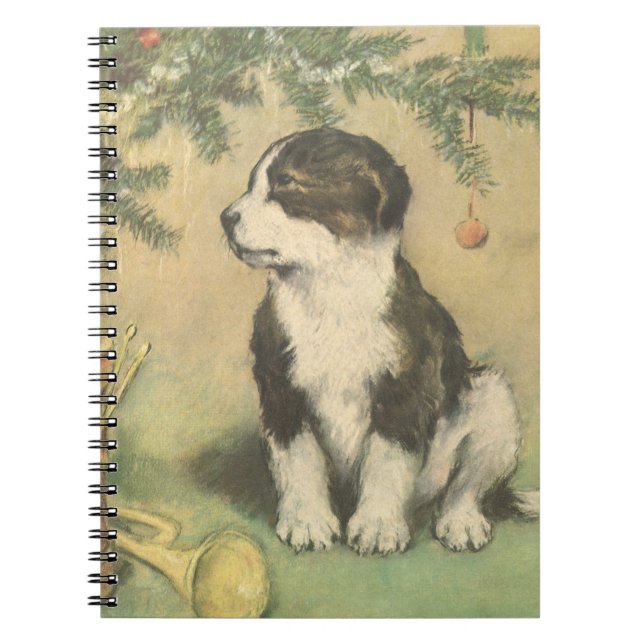 Vintage Christmas, Cute Puppy Under Christmas Tree Notebook (Front)