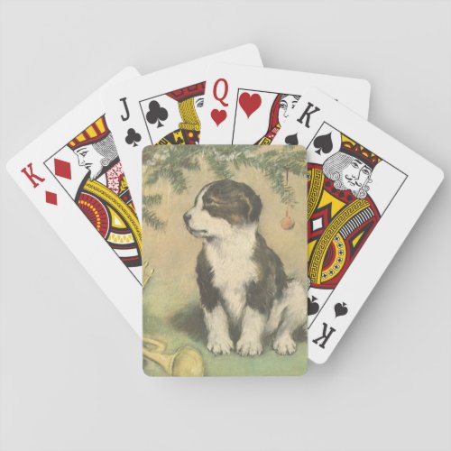 Vintage Christmas Cute Puppy Under Christmas Tree Poker Cards